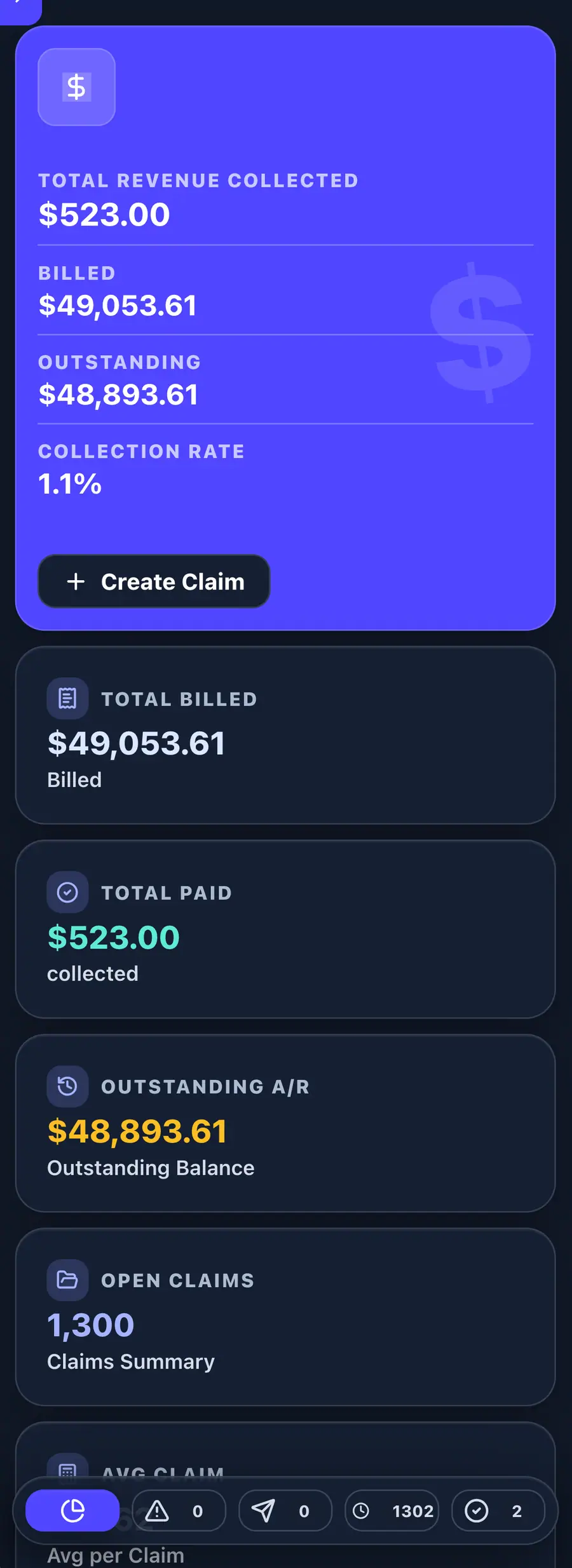 EMRDesk billing screen showing claims, balances, and revenue workflow context.