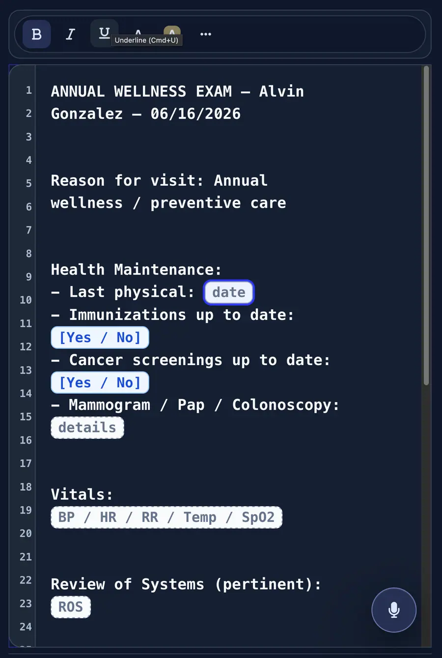 EMRDesk notes screen showing clinical documentation tools for dental and practice workflows.