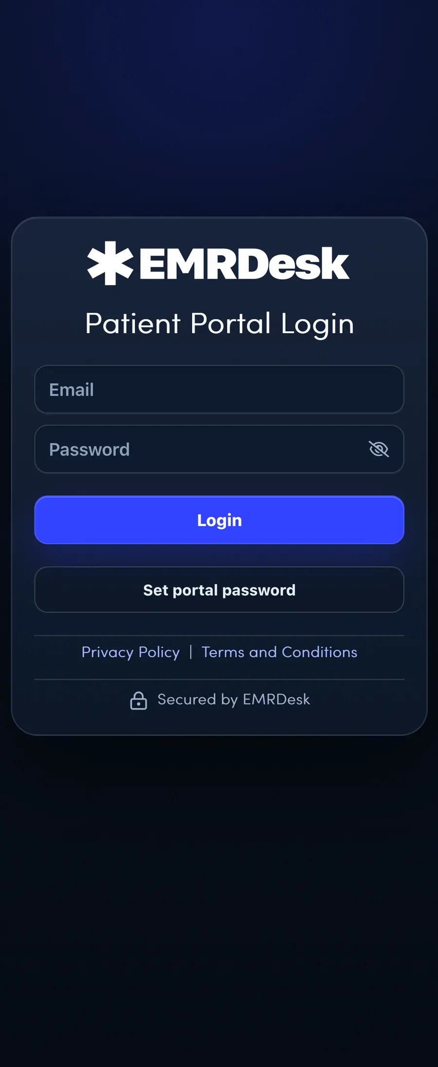 EMRDesk patient portal screen showing patient-facing forms, files, and next steps.